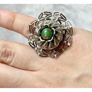 Vintage Silver Tone Filigree Flower Ring 6.5 Adjustable Green Cabochon 1960s Mod
